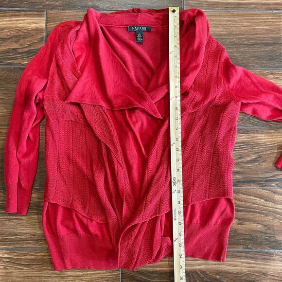 Lauren Ralph Lauren Large Red Waterfall Front Cardigan Classic Open Front Mature - Picture 5 of 5